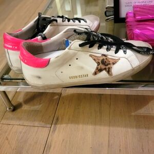 Golden Goose White and Pink Superstar Sneakers. Leapord Fur Star! Like New! 39.